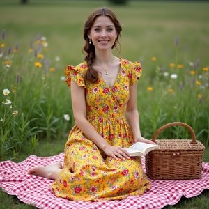 Vestido cruzado de manga de aleteo amarillo de algodón con diseño floral para mujer con un estilo diario elevado - Product Image 5
