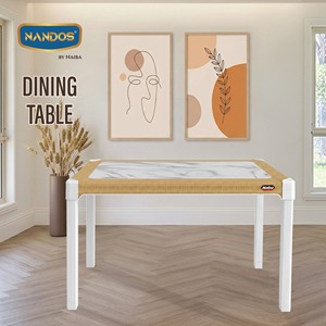 Nandos <b>Dining</b> <b>Table</b> 100x65x71cm <b>Rattan</b> Pattern Marble Look Top White Legs Household Use - Product Image 1