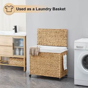Moderno Cesto Portabiancheria a 3 Scomparti da 165L con Coperchio e Ruote, in Giacinto d'Acqua Naturale Intrecciato e Struttura in Metallo per Uso Bagno - Product Image 5