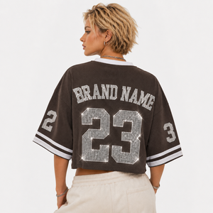Camiseta Deportiva Premium Brillante de Malla Corta Estilo Universitario con Letras de Diamantes de Imitación Personalizadas para Fútbol Americano, Hombros Caídos, Lujo, Camisetas Deportivas Lisas - Product Image 3