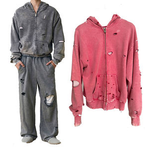 Sweat à capuche léger en coton uni pour homme, effet usé, avec fermeture éclair, et pantalon de survêtement déchiré, à cordon de serrage, respirant et à séchage rapide - Product Image 3