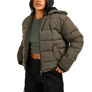 Women's Cropped <b>Quilted</b> Puffer Jacket Hooded Long Sleeve Winter Coat Solid Color <b>Thick</b> Polyester Outerwear - Product Image 1
