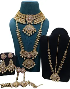Indian Kundan Meena Bridal Set With Hand Painted Beads And Crystal Mala Gold Plated For Wholesale And Bulk.