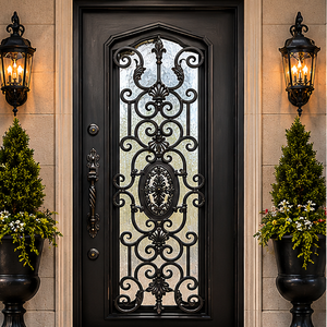 Puerta de Entrada Individual de Hierro Forjado de Lujo con Vidrio Esmerilado Decorativo y Diseño de Entrada Personalizado para Villa - Product Image 2