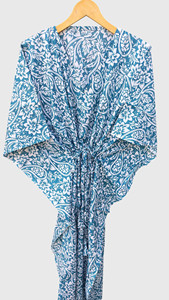 Robe kimono bleue à imprimé cachemire pour femme, sans col, manches courtes, longue tunique de plage - Product Image 3