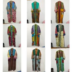 Robe longue de luxe légère pour femme 100 % soie, col en V, avec cordon de serrage, imprimé patchwork, douce, respirante, séchage rapide, pour spa et plage - Product Image 1