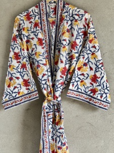 Premium Hand Block Print Cotton Kimono Robe V-neck Belt Closure Long Wide Sleeve Boho Beach Cover Spring <b>Knee</b>-Length Summer - Product Image 5
