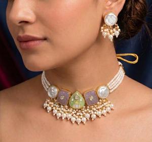 Parure de bijoux vintage en laiton avec perles d'imitation, collier pendentif à pompon en zircon et boucles d'oreilles assorties, style ethnique pour femme, cadeau de mariage ou de fête - Product Image 4