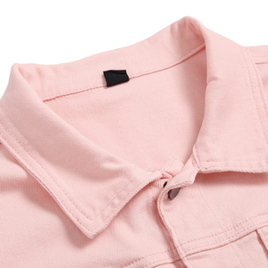 Chaqueta vaquera rosa para hombre, cuello vuelto, botones de cuerno, bolsillos delanteros, informal, otoño, color liso, corte ajustado, 300g, algodón ecológico - Product Image 3