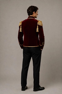Veste de smoking en velours bordeaux pour homme avec broderie dorée, col mandarin, double boutonnage, style britannique, tenue formelle - Product Image 4