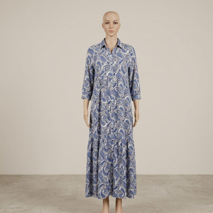 Elegant Free Size Silk Shirt <b>Dress</b> Ibiza Style Azure and Indigo Paisley Long Flowy Maxi Gown for Vacation <b>Lounge</b> and Resort Wear - Product Image 1