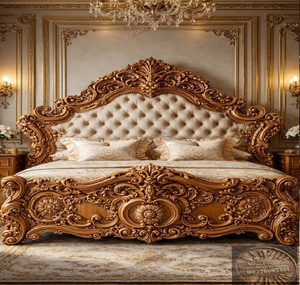 Elegante cama de estilo victoriano con adornos de madera tallada y cabecero capitoné color crema, disponible a precios de mayorista. - Product Image 1