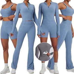 Ensemble de yoga pour femme 2026 personnalisé avec logo, en Spandex/Nylon côtelé, taille mi-haute, pour la gym et l'entraînement, vêtements de fitness moulants, haut de yoga et leggings - Product Image 4