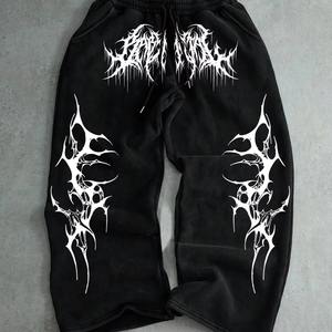 Men Lightweight Flat Front Gothic Black Casual <b>Jogger</b> Pants with <b>White</b> Letter Print Elastic Waist Drawstring Summer Style - Product Image 1