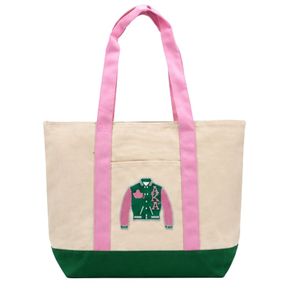 กระเป๋าโท้ทผ้าทวิลสีเขียวครีมพร้อมหูจับสีชมพู กระเป๋าช้อปปิ้งแฟชั่น กระเป๋าถือผ้าแคนวาสแบบใช้ซ้ำได้สำหรับผู้หญิง ใช้ได้ทุกวัน - Product Image 1