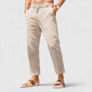 Wholesale <b>men's</b> Cotton Oxford <b>Trousers</b> Straight Fit Elastic Waist Drawstring Closure Casual Summer Breathable Side Pockets - Product Image 1