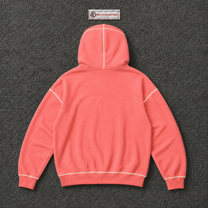 Sweat à capuche zippé rose corail gothique avec surpiqûres contrastées crème, coupe oversize, streetwear, logo brodé, unisexe, mode personnalisée, en promotion - Product Image 6