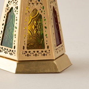 Timeless Gold Metal <b>Moroccan</b> Lantern with Multicolor Glass Panels Decorative Candle Holder for Ramadan Home Accent <b>Decor</b> - Product Image 5