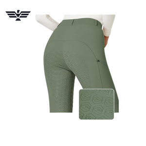 Pantalon d'équitation taille haute pour femme, longueur intégrale, vert olive uni, en Spandex et Polyester, respirant, taille élastique, avec poches - Product Image 6