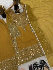 Ensemble Sharara Salwar/Palazzo en Georgette de Soie Ethnique Indienne Brodé pour Femme, Hiver et Été, Anti-humidité - Product Image 4