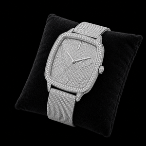 Montre Tonneau de Luxe Sertie de Diamants, Bracelet en Maille d'Acier Inoxydable Argenté, Montre-Bracelet à Quartz pour Hommes et Femmes, Style Premium Élégant - Product Image 3
