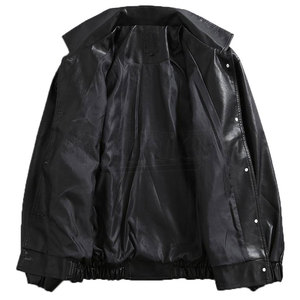 Men's Black PU Leather Jacket Workwear Style Turn-Down Collar Single <b>Button</b> Pockets Regular Fit Autumn Wear Solid Color <b>No</b> Hood. - Product Image 4