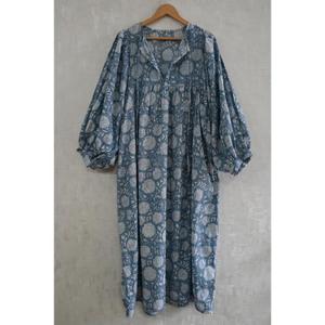Vestido Maxi Formal de Algodón con Estampado de Bloques, Cuello en V y Mangas Abullonadas para Mujer, Hecho a Mano, Ligero, para Fiestas de Verano - Product Image 1