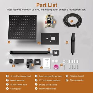 Système de <span class=keywords><strong>douche</strong></span> noir mat avec robinet en laiton, pommeau de pluie de 12 pouces, ensemble mitigeur mural encastré avec boîtier pré-encastré - Product Image 6