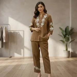 Women's Brown Embroidered Cotton <b>Linen</b> Co Ord <b>Set</b> Mandarin Collar Three Quarter Sleeve Straight Pants Regular Fit Elegant Outfit - Product Image 1