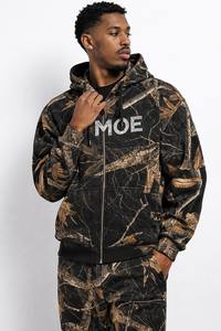 เสื้อฮู้ดผู้ชายแบบมีซิป ผ้าฝ้าย 450 GSM สีดำลายพราง ประดับเพชรเทียม แขนปกติ ทรงโอเวอร์ไซส์ สไตล์สตรีท วินเทจ ฮิปฮอป OEM - Product Image 6