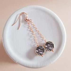 Boucles d'oreilles pendantes en forme de pièce de monnaie en rutile noir, pierre précieuse naturelle noire, plaqué or rose, bijoux faits à la main pour femmes - Product Image 5