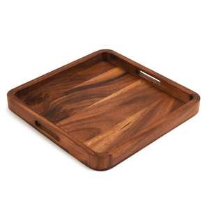 Plateau de service carré en bois d'acacia naturel, ensemble d'assiettes de présentation en bois pour dîner, assiettes à apéritif, grand plateau de service - Product Image 1