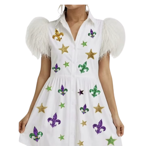 Robe mini noire pour femme avec broderie fleur de lys et étoile dorées, manches bouffantes en plumes, col rabattu, robe d'été décontractée - Product Image 3