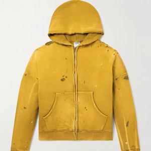 Sudadera con capucha térmica para hombre, hecha a medida, estilo vintage, con hombros caídos, lavado ácido, desgastada, con parches, corte y costura, con cremallera - Fabricante de ropa - Product Image 4