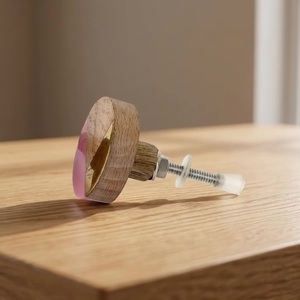 Round Wood Cabinet Knob with Pink Resin and Brass Inlay Minimalist Design for Kitchen Furniture Handle - Product Image 4