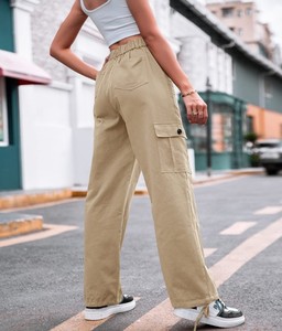 Pantalon cargo décontracté à taille haute en toile 100 % coton, broderie unie, jambe large, séchage rapide, pour femme, collection automne - Product Image 1