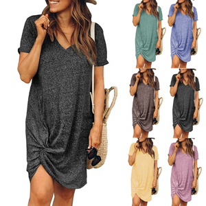 Camisetas de algodón de dos colores de alta calidad para mujer, nuevo diseño, holgado, largo, cuello de pico, manga corta, elástico, verano, venta al por mayor - Product Image 1