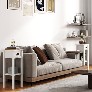 Tables consoles blanches à 2 niveaux, lot de 2 tables d'appoint avec tiroir et étagère pour salon et couloir - Product Image 2