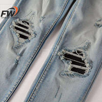 Celana Jeans Pria Slim Fit Straight Mid Waist Ripped Distressed Stonewashed Solid Winter Formal Rivet Button Washed