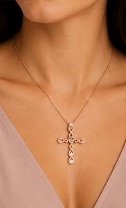 925 Sterling Silver Rose <b>Gold</b> Plated <b>Infinity</b> Cross Pendant <b>Necklace</b> with Heart Detail & Cubic Zirconia | Religious Jewelry - Product Image 3