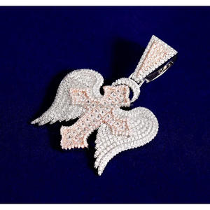 Angel Wing Cross Pendant Necklace with VVS Moissanite Diamonds and 925 Sterling Silver - Product Image 1