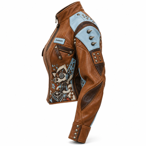 Brown Sky Blue <b>Women</b> Graphic Leather Biker Jacket Spiked Studded <b>Coat</b> Custom Order OEM ODM Wholesale Factory Offer Provider - Product Image 4