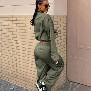 Women's Olive Green Safari <b>Jacket</b> Set Oversized Long Sleeve Stand Collar Elastic Waist Pants With Pockets All Seasons Breathable - Product Image 4