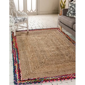 Tapis d'extérieur rectangulaire en jute tressé style bohème, couleur naturelle avec bordure multicolore, à poils plats, pour salon - Product Image 1