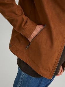 Trex Export <b>Men's</b> Brown <b>Suede</b> Moto <b>Jacket</b> Stand Collar Zipper Closure Regular Fit Autumn Wear Slim Style Solid Color - Product Image 3
