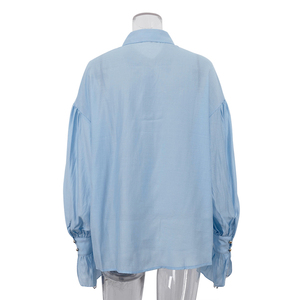 Chemisier tendance bleu ciel transparent à boutons pour femme, haut décontracté à manches longues, chemise d'été pour femme - Product Image 2