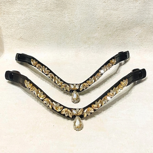 Bandeau de tête de cheval en cuir noir premium avec cristaux et pierres en forme de feuilles dorées et chaîne de diamants, disponible dans toutes les tailles et couleurs personnalisées. - Product Image 5