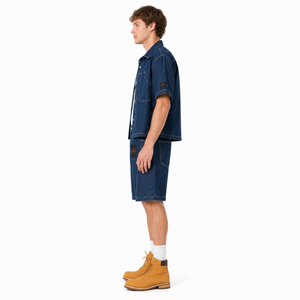 Men's Denim Short <b>Set</b> Button Up Shirt Matching Shorts Solid Color Breathable Cotton Casual Summer Wear Regular Fit Denim <b>Set</b> - Product Image 4