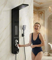 Système de douche mural LED noir de luxe moderne avec robinet thermostatique, jets de pluie et de massage, finition brossée douce, idéal pour les hôtels