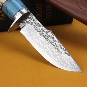 มีดสกินเนอร์เหล็กดามัสกัสแบบสั่งทำพิเศษ ด้ามเขาสัตว์ ใบมีดแบบ Fixed Blade ปลายแหลมตรง พร้อมปลอกหนัง - Product Image 3